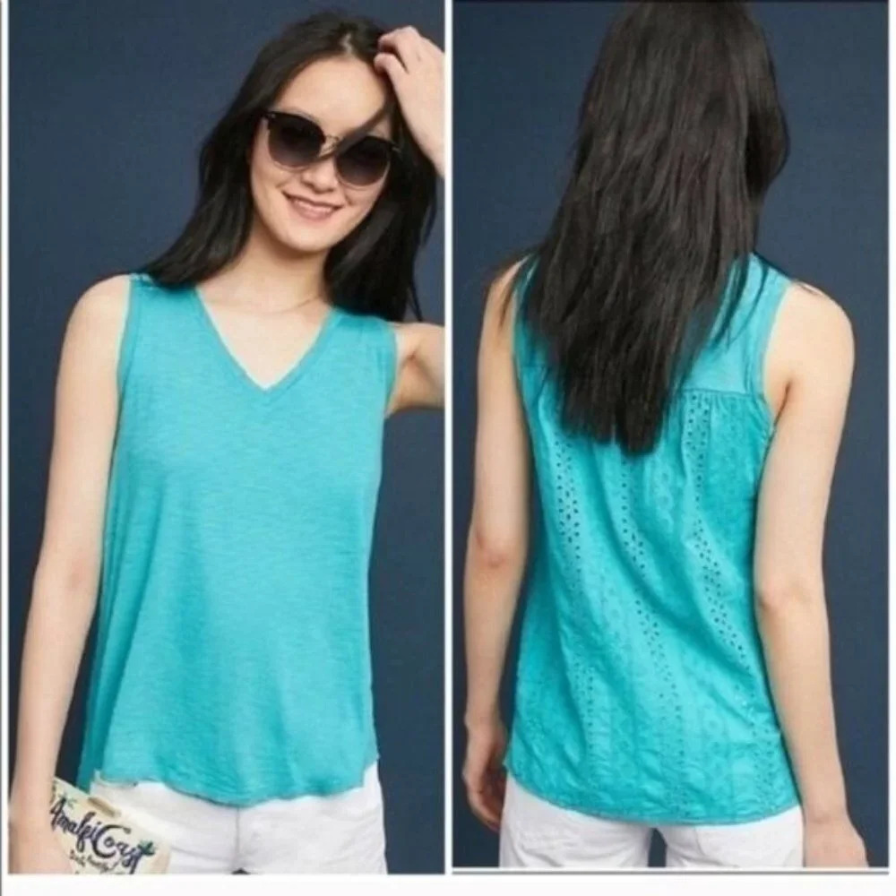 NWT Eri + Ali Lucie Eyelet Tank Anthropologie‎ Size S V Neck Sleeveless Blue